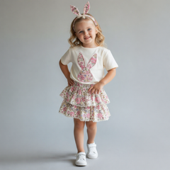Girls Bunny Print Summer Dress Set | Cotton T-Shirt & Floral Skirt – Cream & Pink |