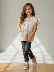 Girls Embroidered Lawn Top with Denim Jeans – Stylish Kids 2 Piece Set