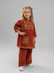 Girls Embroidered Poplin Kurti Set (Rust & Yellow) – Kids Ethnic Wear