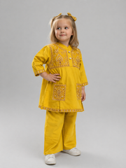 Girls Embroidered Poplin Kurti Set (Rust & Yellow) – Kids Ethnic Wear