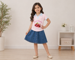 Girls Sweet Cherries Top with Denim Skirt – Lycra Jersey Kids Outfit Set