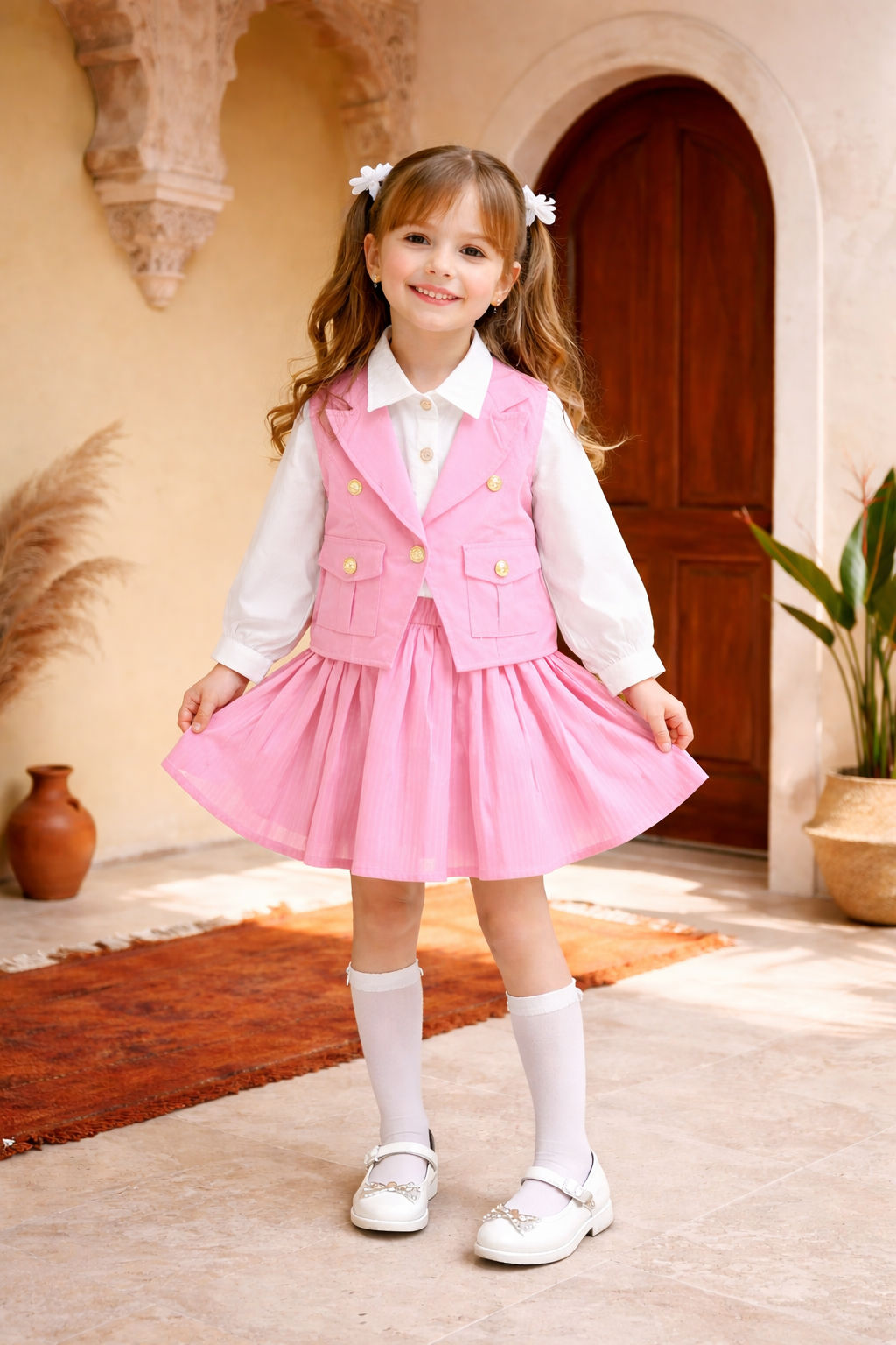 Miniworld Girls Trendy 3-Piece Cotton Dress Set (Pink & Black)