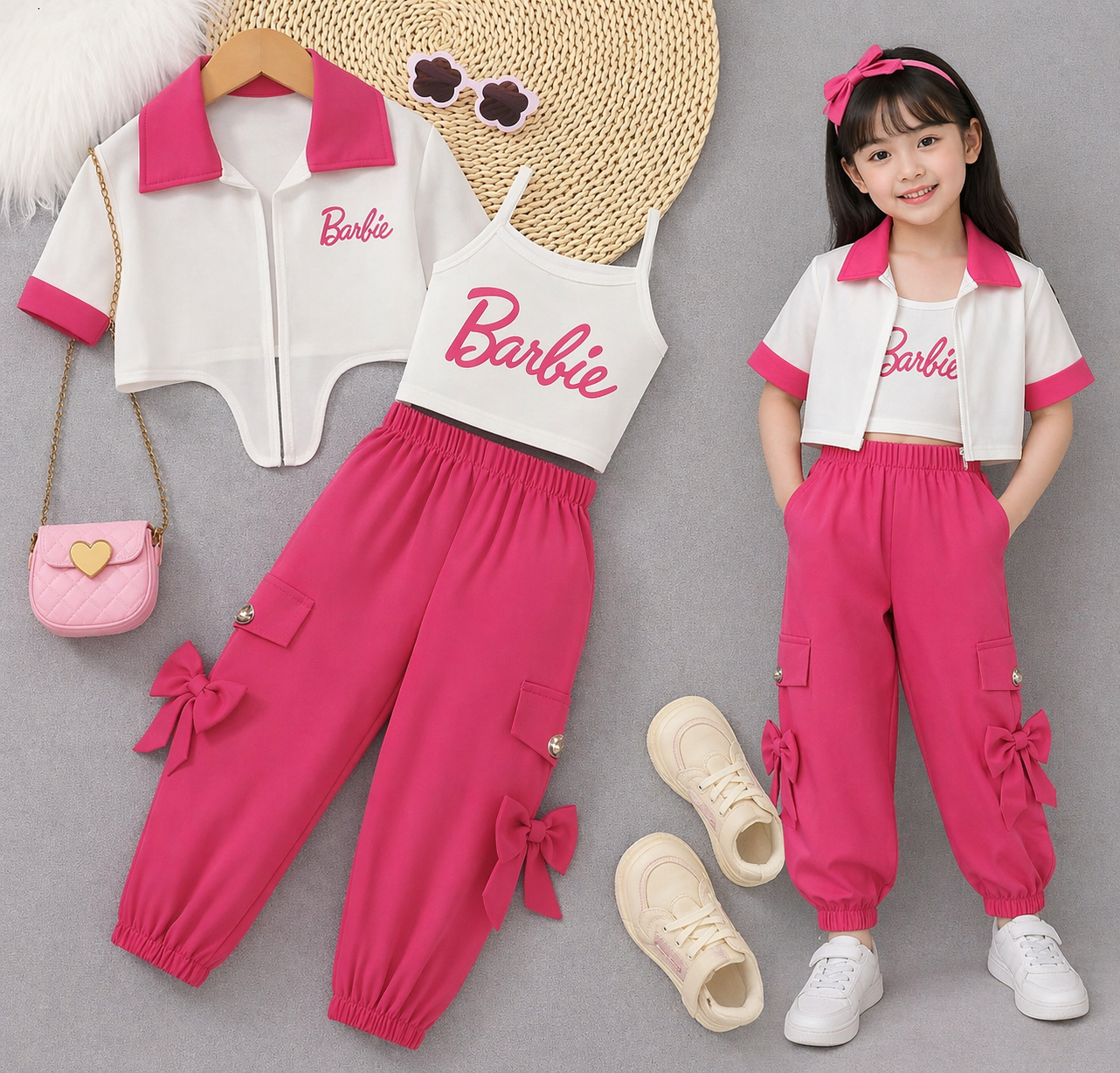 3 Pcs Barbie Girls Set – China Yarn Courty with Inner & Cotton Cargo Jogger Pant