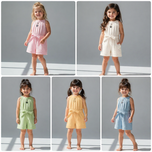 Girls Summer Romper | Soft Cotton Kids Jumpsuit with Belt – Multicolor Collection