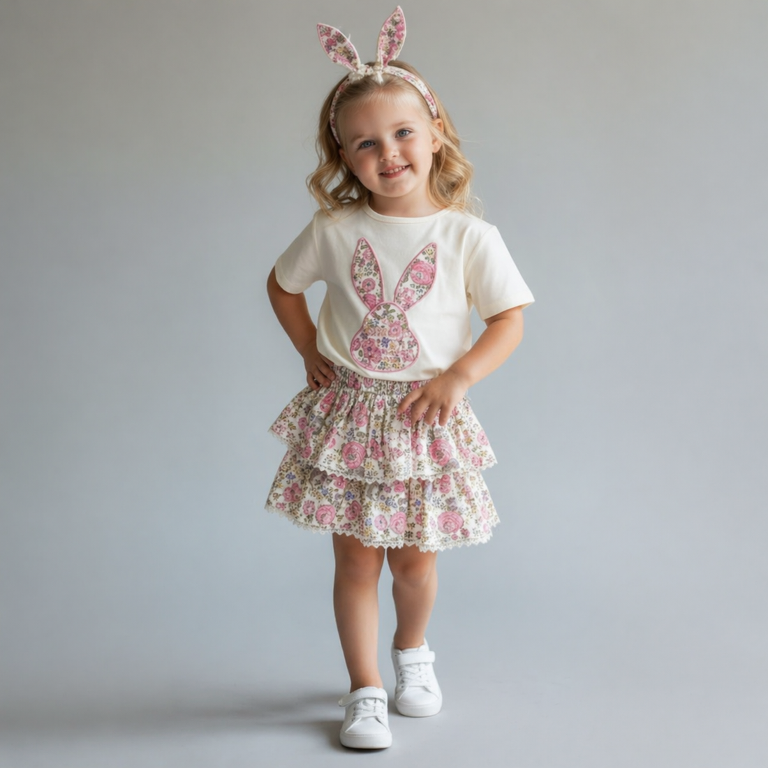 Girls Bunny Print Summer Dress Set | Cotton T-Shirt & Floral Skirt – Cream & Pink |