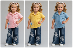 Girls Summer Co-Ord Set | Cotton Shirt & Denim Jeans with Floral Design