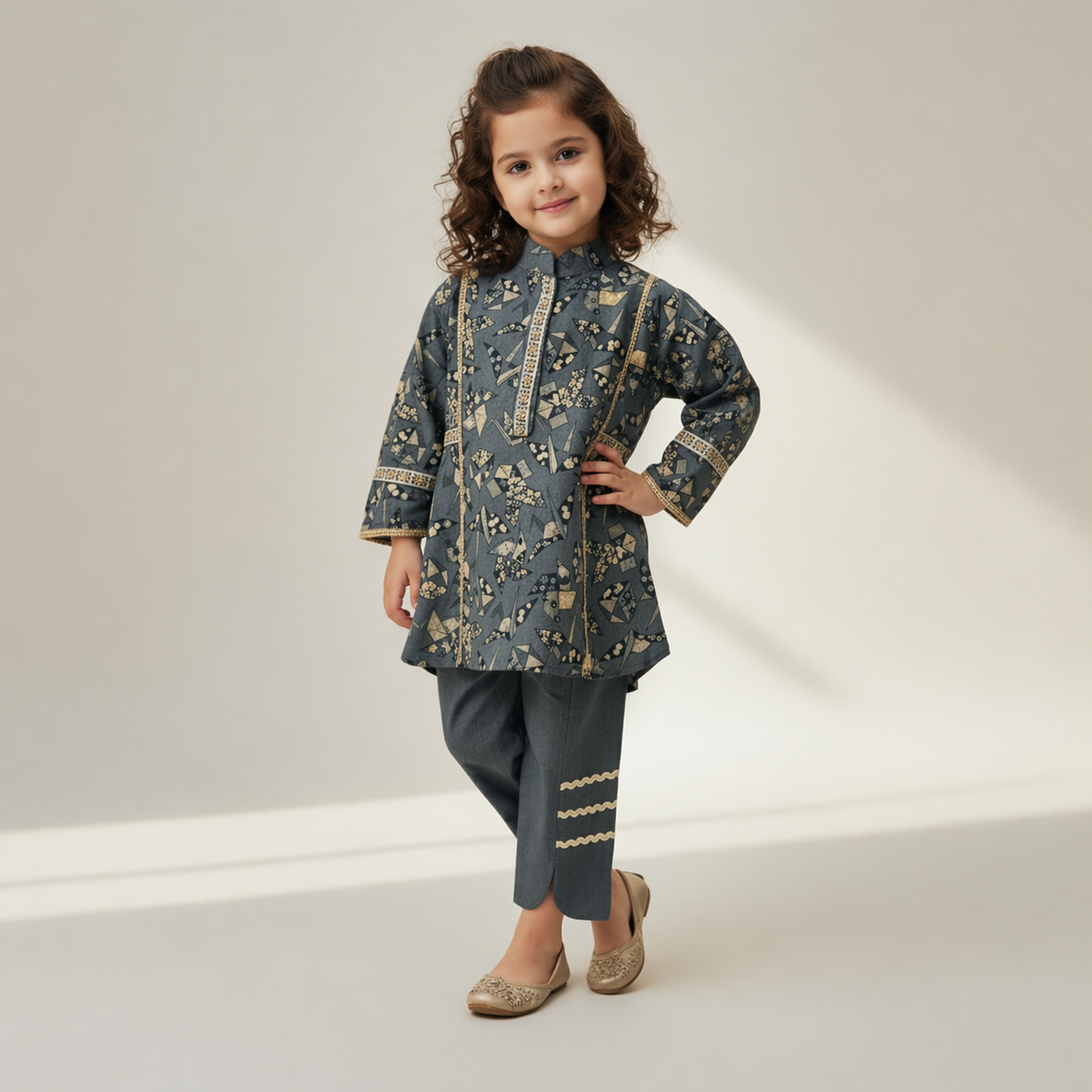 Girls Printed Cotton Kurti Set – 2 Pcs Outfit | Embroidered Design |