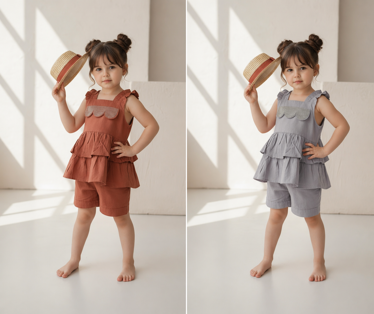 Girls 2 Pcs Summer Outfit – Stone Work Top & Shorts | Stylish Kids Wear Pakistan