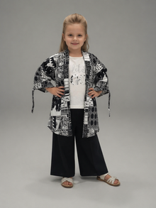 Kids Girls 3 Piece Printed Cotton Outfit – Black & White Casual Set