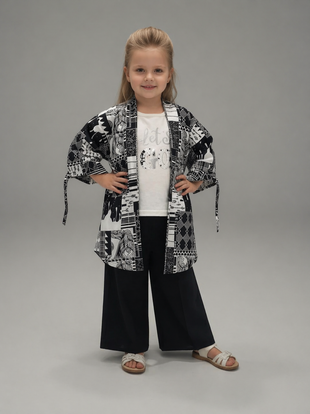 Kids Girls 3 Piece Printed Cotton Outfit – Black & White Casual Set