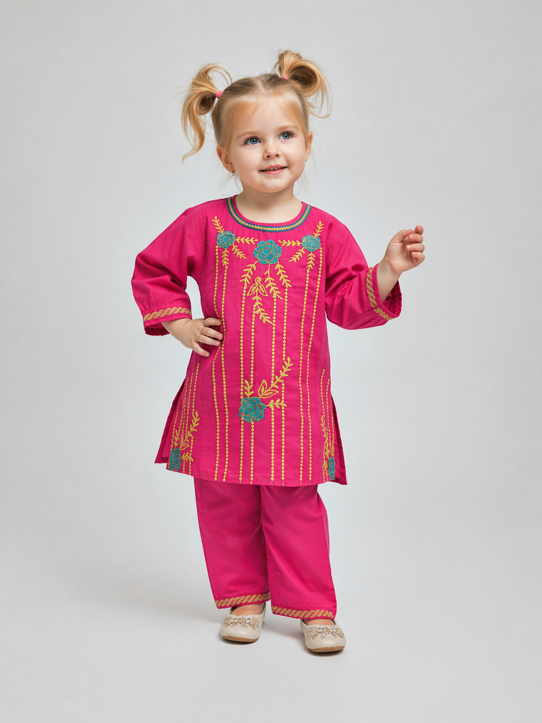 Girls Embroidered Lawn Kurti Set (Pink & Yellow) – Kids Ethnic Wear