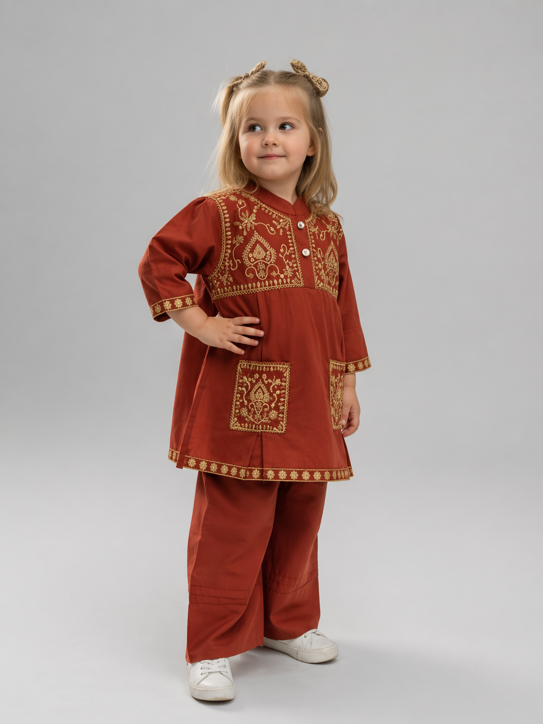Girls Embroidered Poplin Kurti Set (Rust & Yellow) – Kids Ethnic Wear