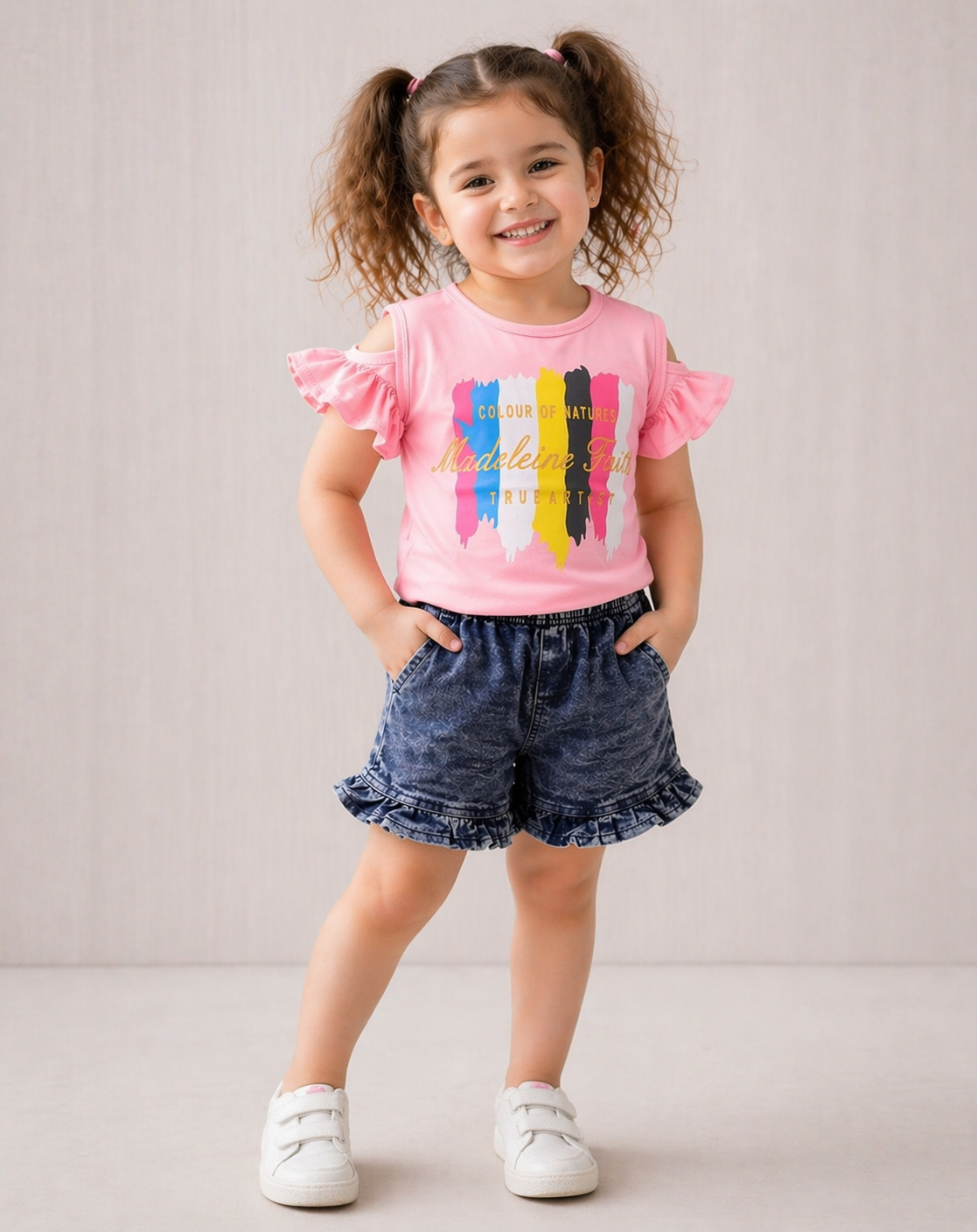 Girls Printed Cotton Co-ord Set with Denim Shorts – Kids Casual Outfit