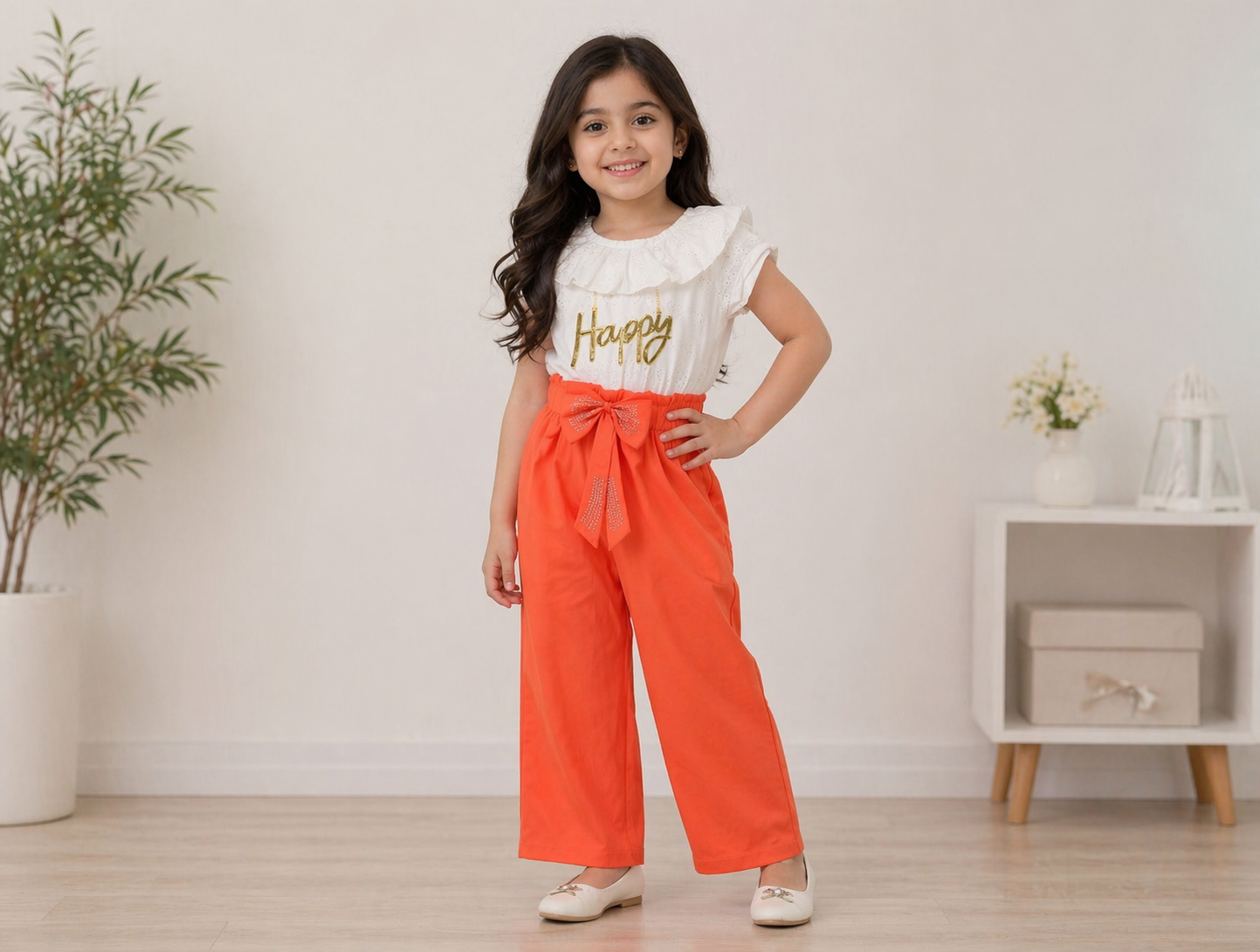 Girls “Happy” Top & Pants Set – White Top with Orange, Yellow & Blue Pants | Lycra Jersey Kids Outfit