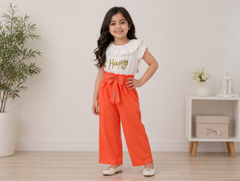 Girls “Happy” Top & Pants Set – White Top with Orange, Yellow & Blue Pants | Lycra Jersey Kids Outfit