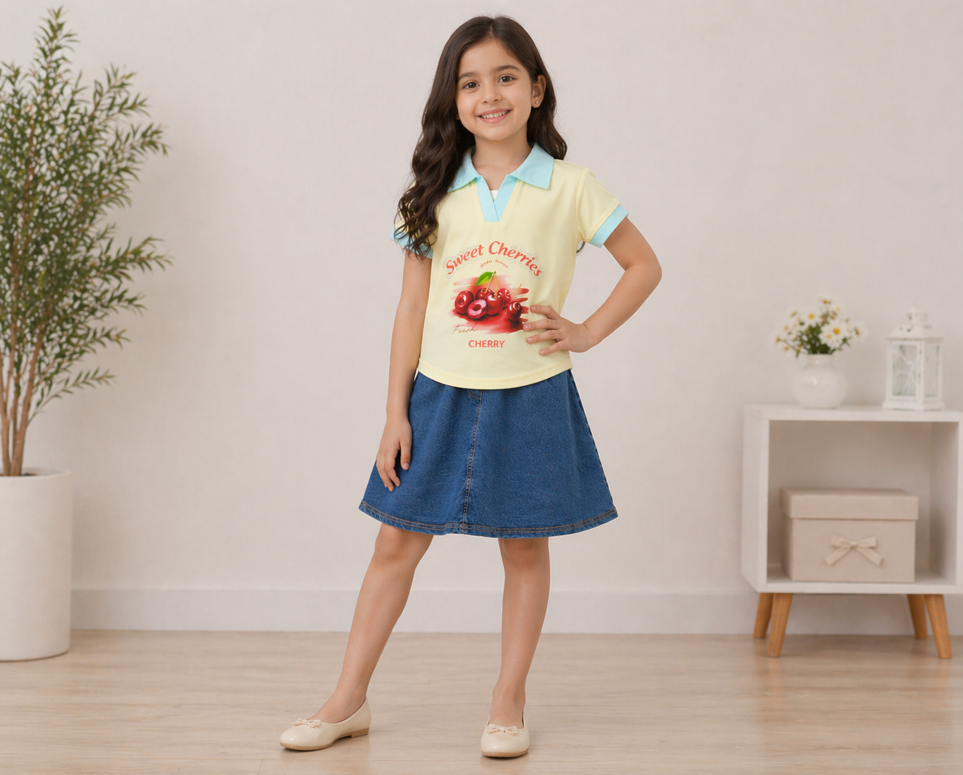 Girls Sweet Cherries Top with Denim Skirt – Lycra Jersey Kids Outfit Set