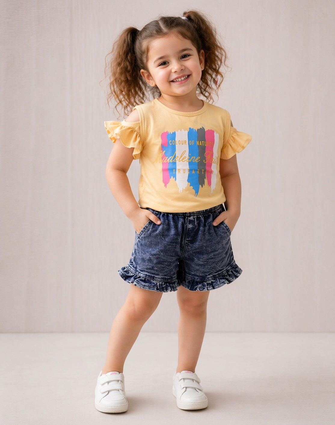 Girls Printed Cotton Co-ord Set with Denim Shorts – Kids Casual Outfit