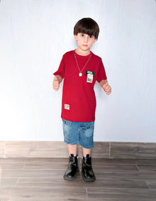 Boys Maroon T-Shirt & Denim Cargo Shorts Set (4–7 Years) | Summer Co-Ord Outfit