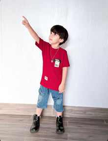 Boys Maroon T-Shirt & Denim Cargo Shorts Set (4–7 Years) | Summer Co-Ord Outfit