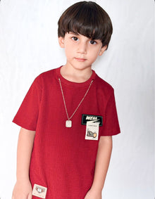 Boys Maroon T-Shirt & Denim Cargo Shorts Set (4–7 Years) | Summer Co-Ord Outfit