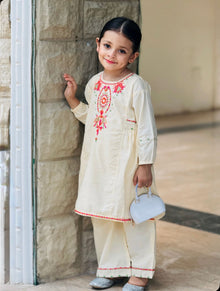 Girls Embroidered 2 Piece Eastern Suit (6–8 Years) | Cotton Kurti & Trouser Set