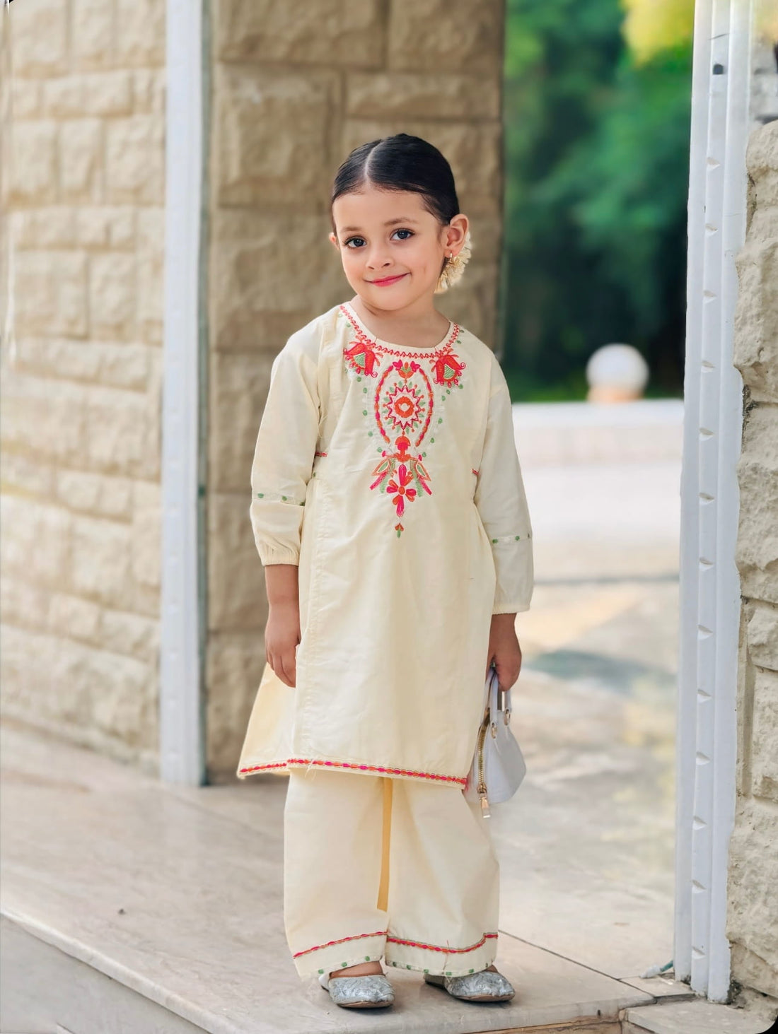 Girls Embroidered 2 Piece Eastern Suit (6–8 Years) | Cotton Kurti & Trouser Set