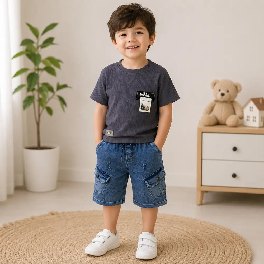 Boys Maroon T-Shirt & Denim Cargo Shorts Set (4–7 Years) | Summer Co-Ord Outfit