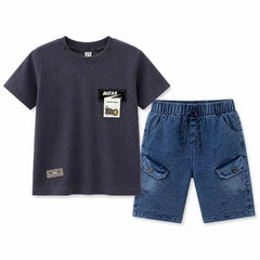 Boys Maroon T-Shirt & Denim Cargo Shorts Set (4–7 Years) | Summer Co-Ord Outfit