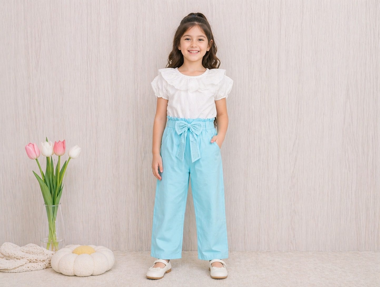 Girls “Happy” Top & Pants Set – White Top with Orange, Yellow & Blue Pants | Lycra Jersey Kids Outfit