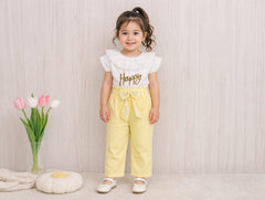 Girls “Happy” Top & Pants Set – White Top with Orange, Yellow & Blue Pants | Lycra Jersey Kids Outfit