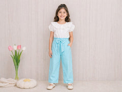 Girls “Happy” Top & Pants Set – White Top with Orange, Yellow & Blue Pants | Lycra Jersey Kids Outfit