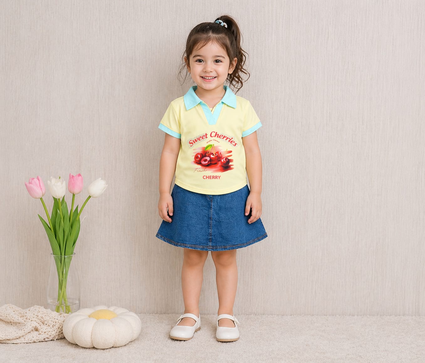 Girls Sweet Cherries Top with Denim Skirt – Lycra Jersey Kids Outfit Set