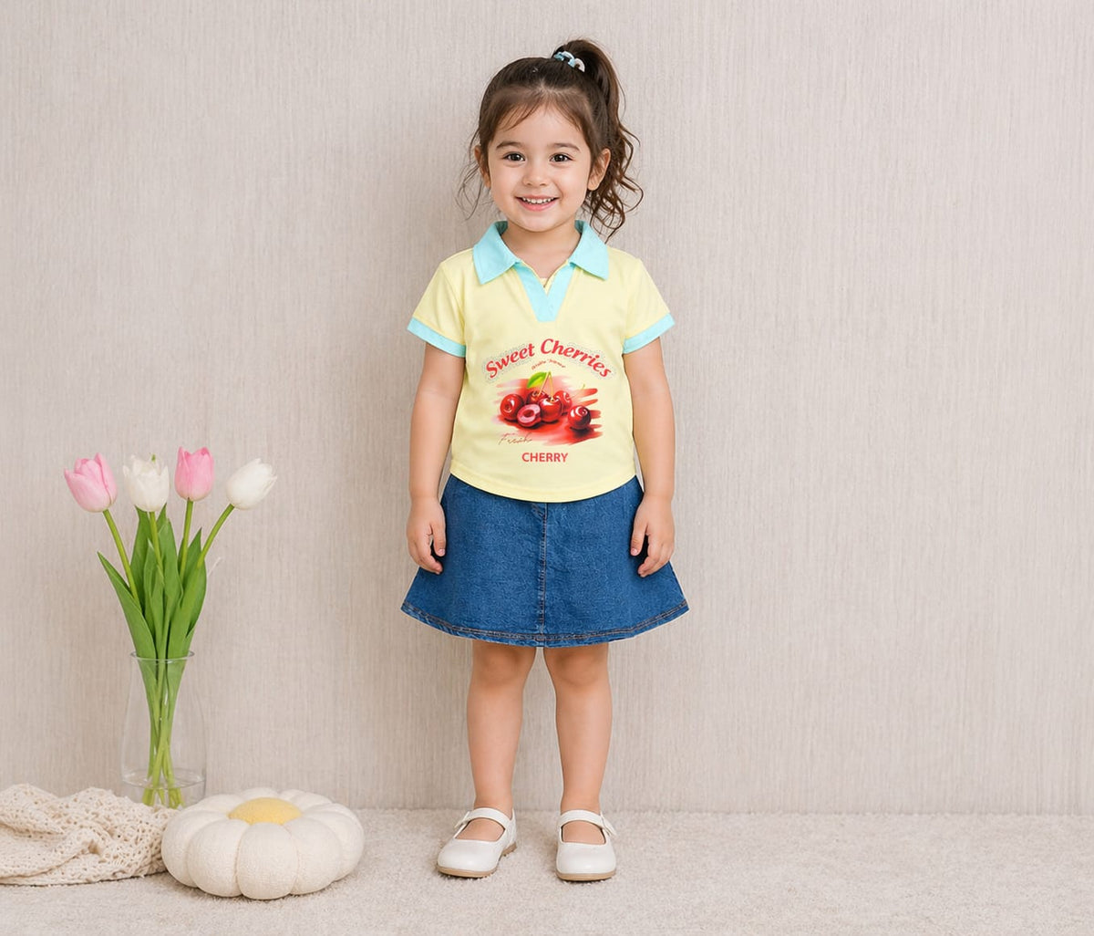 Girls Sweet Cherries Top with Denim Skirt – Lycra Jersey Kids Outfit Set