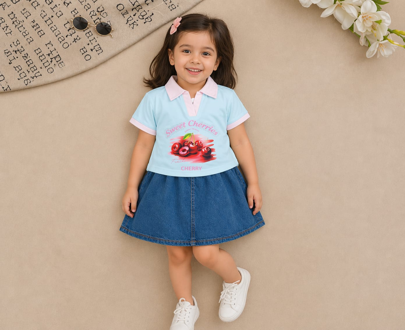Girls Sweet Cherries Top with Denim Skirt – Lycra Jersey Kids Outfit Set