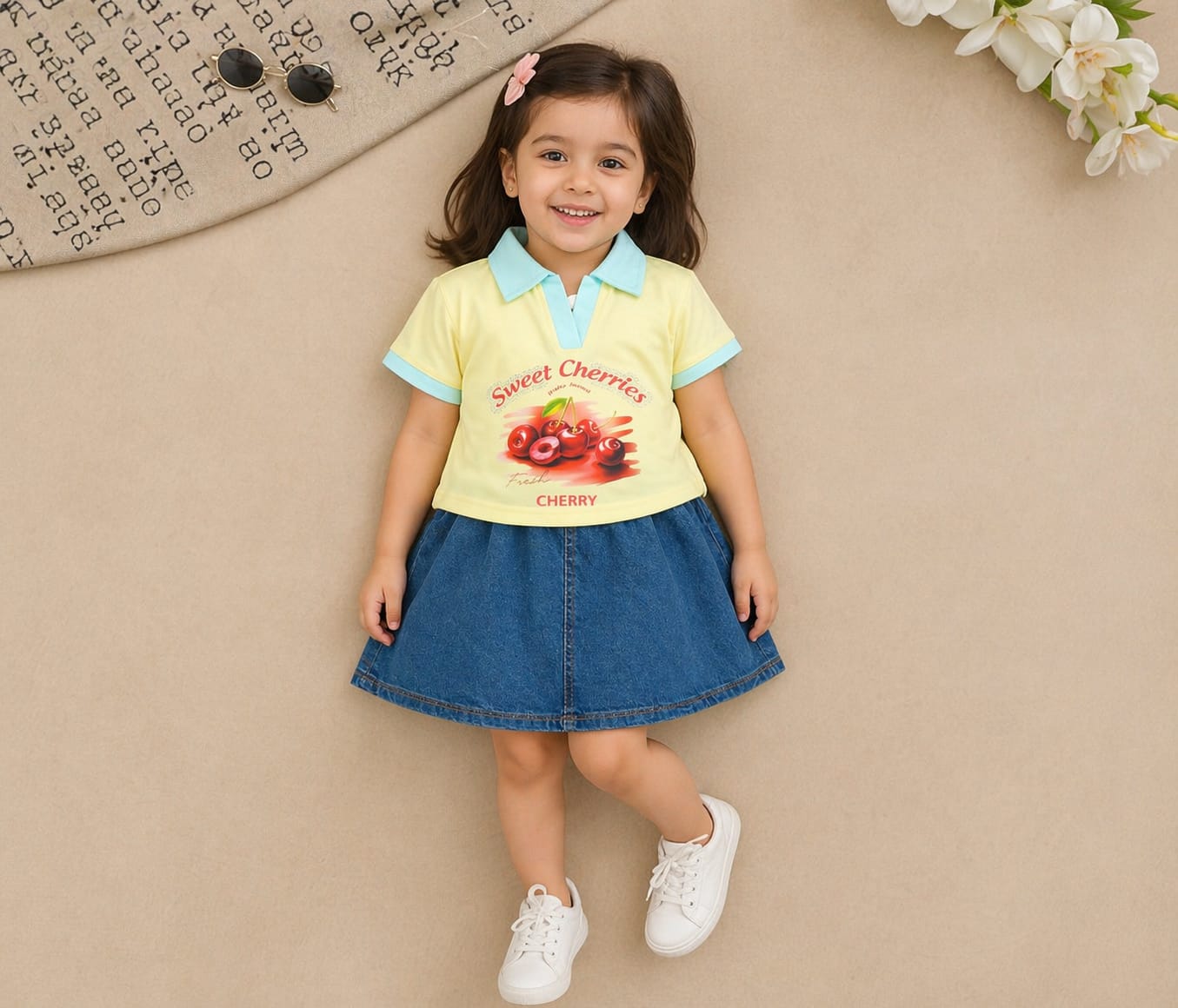 Girls Sweet Cherries Top with Denim Skirt – Lycra Jersey Kids Outfit Set