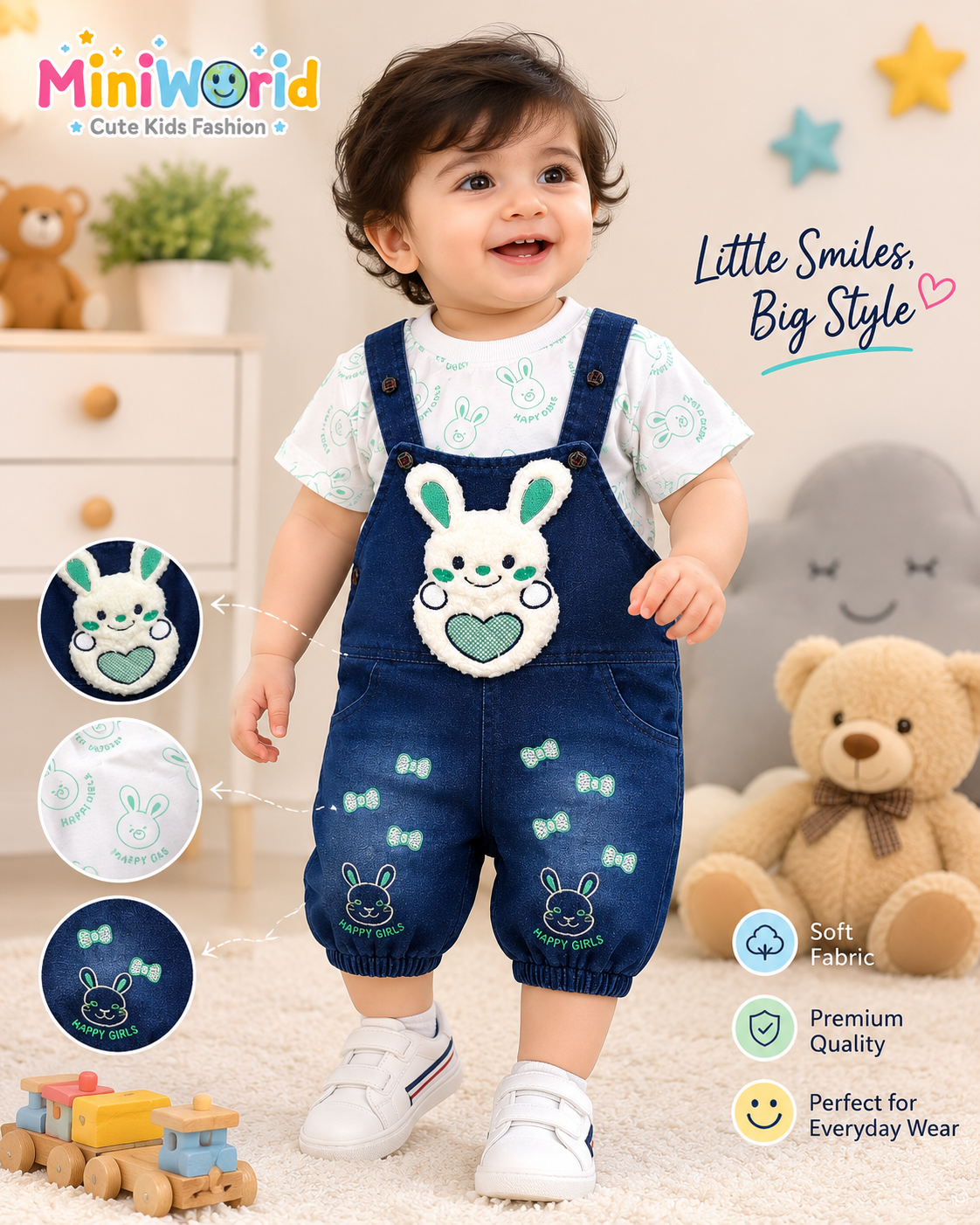 Baby Girls Bunny Denim Dungaree Set with Printed T-Shirt | 2 Piece Outfit
