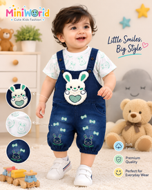 Baba Baby Bunny Denim Dungaree Set with Printed T-Shirt | 2 Piece Outfit