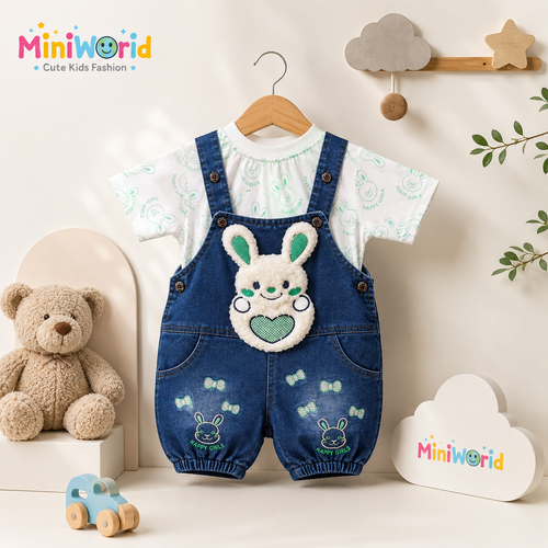 Baba Baby Bunny Denim Dungaree Set with Printed T-Shirt | 2 Piece Outfit