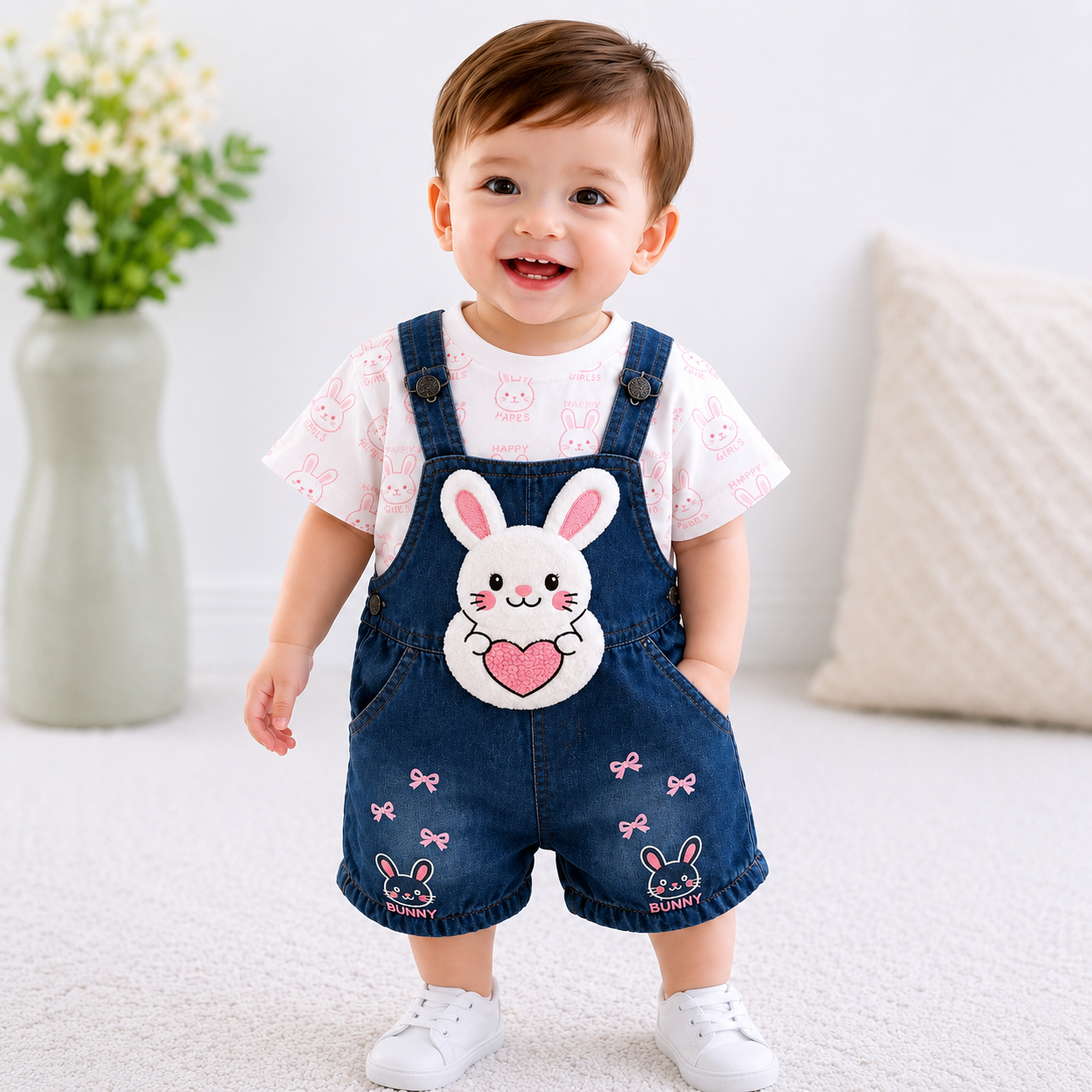 Baby Girls Bunny Denim Dungaree Set with Printed T-Shirt | 2 Piece Outfit