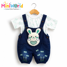 Baba Baby Bunny Denim Dungaree Set with Printed T-Shirt | 2 Piece Outfit