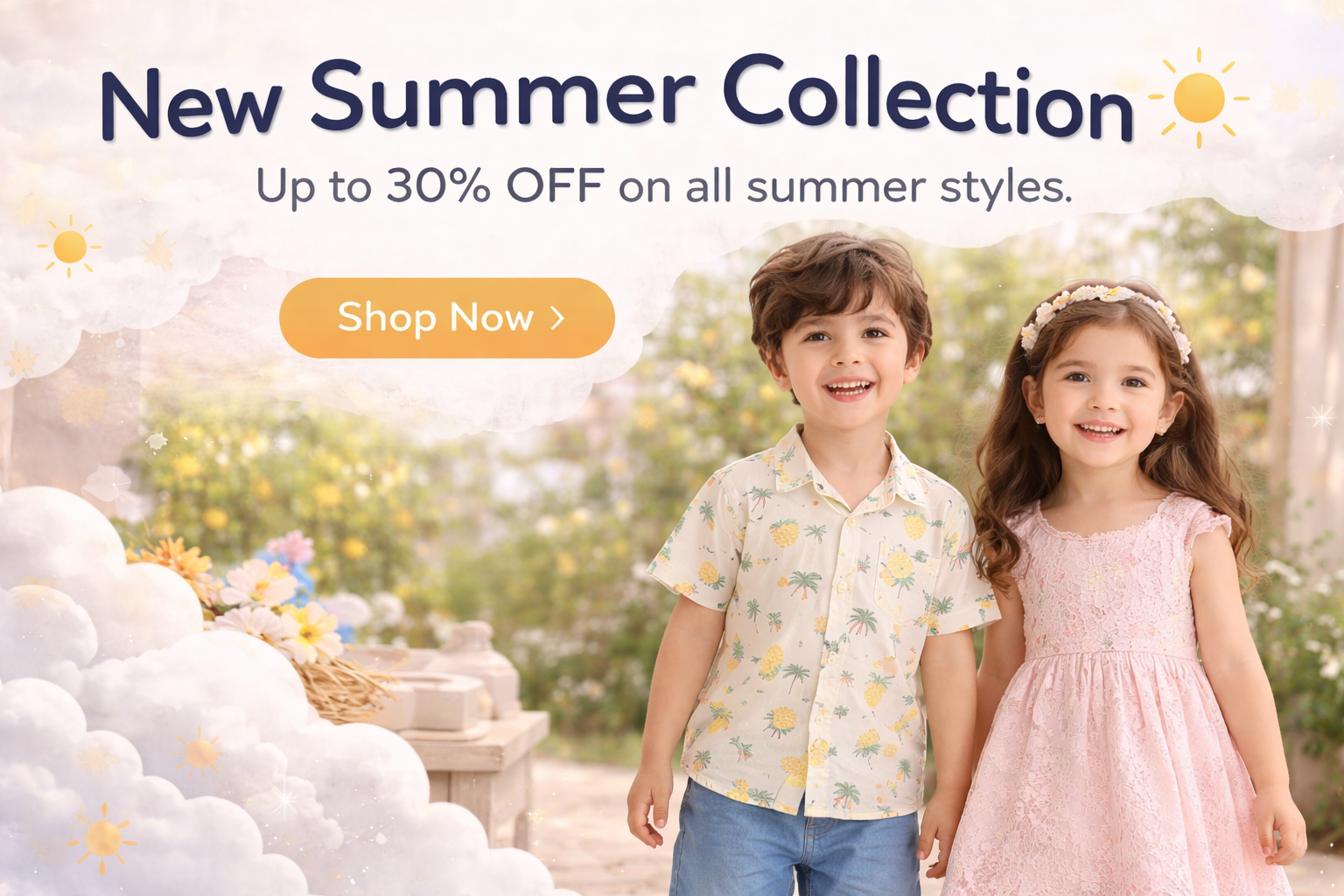 Two children in summer clothing with promotional text for a new summer collection and discount offer.