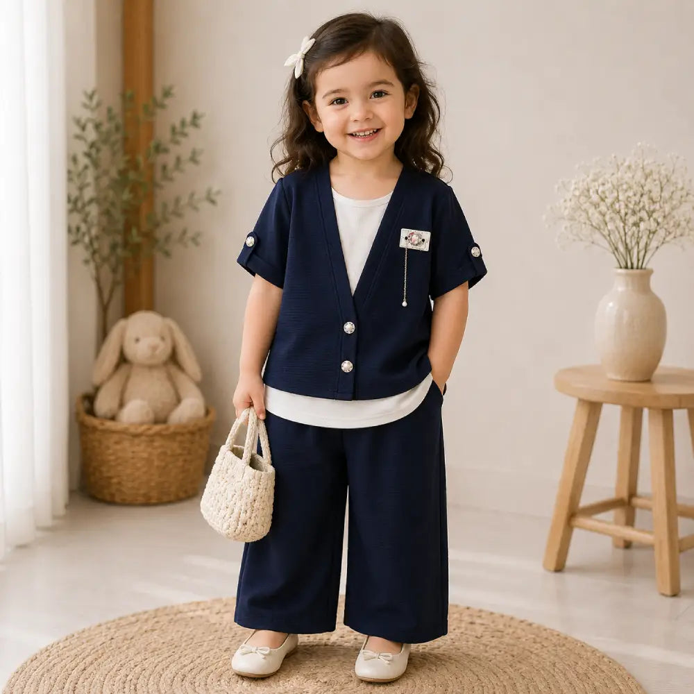 Kids 3 Piece Casual Co-Ord Set (6–8 Years) | T-Shirt, Cardigan & Wide Leg Pants