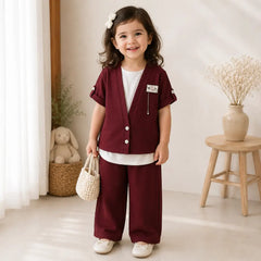 Kids 3 Piece Casual Co-Ord Set (6–8 Years) | T-Shirt, Cardigan & Wide Leg Pants