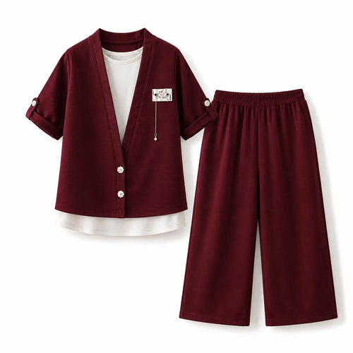 Kids 3 Piece Casual Co-Ord Set (6–8 Years) | T-Shirt, Cardigan & Wide Leg Pants