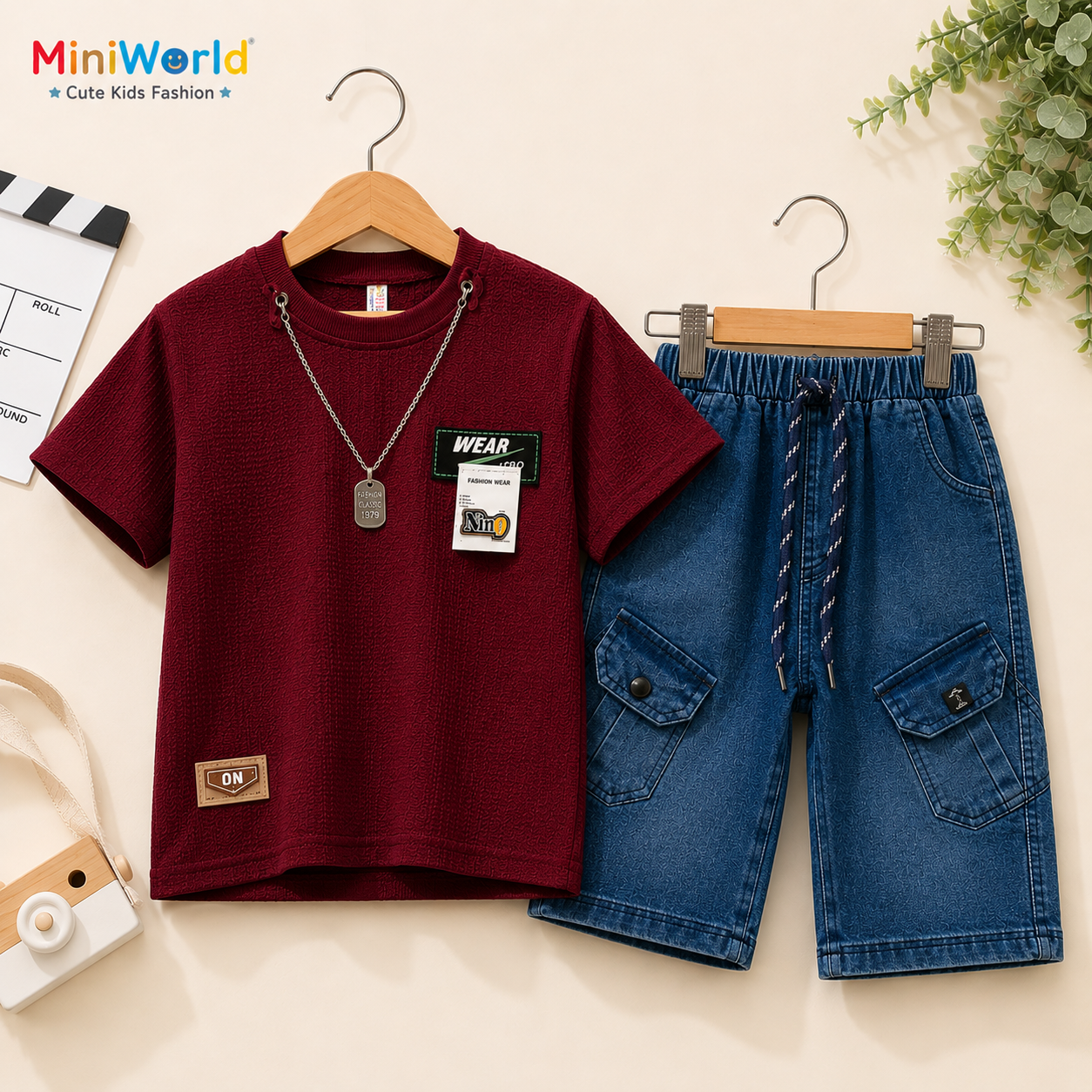 Boys Maroon T-Shirt & Denim Cargo Shorts Set (4–7 Years) | Summer Co-Ord Outfit