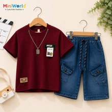 Boys Maroon T-Shirt & Denim Cargo Shorts Set (4–7 Years) | Summer Co-Ord Outfit