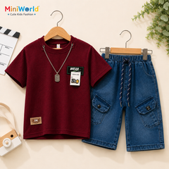 Boys Maroon T-Shirt & Denim Cargo Shorts Set (4–7 Years) | Summer Co-Ord Outfit