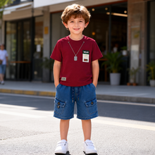 Boys Maroon T-Shirt & Denim Cargo Shorts Set (4–7 Years) | Summer Co-Ord Outfit