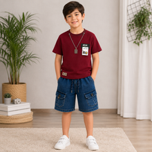 Boys Maroon T-Shirt & Denim Cargo Shorts Set (4–7 Years) | Summer Co-Ord Outfit