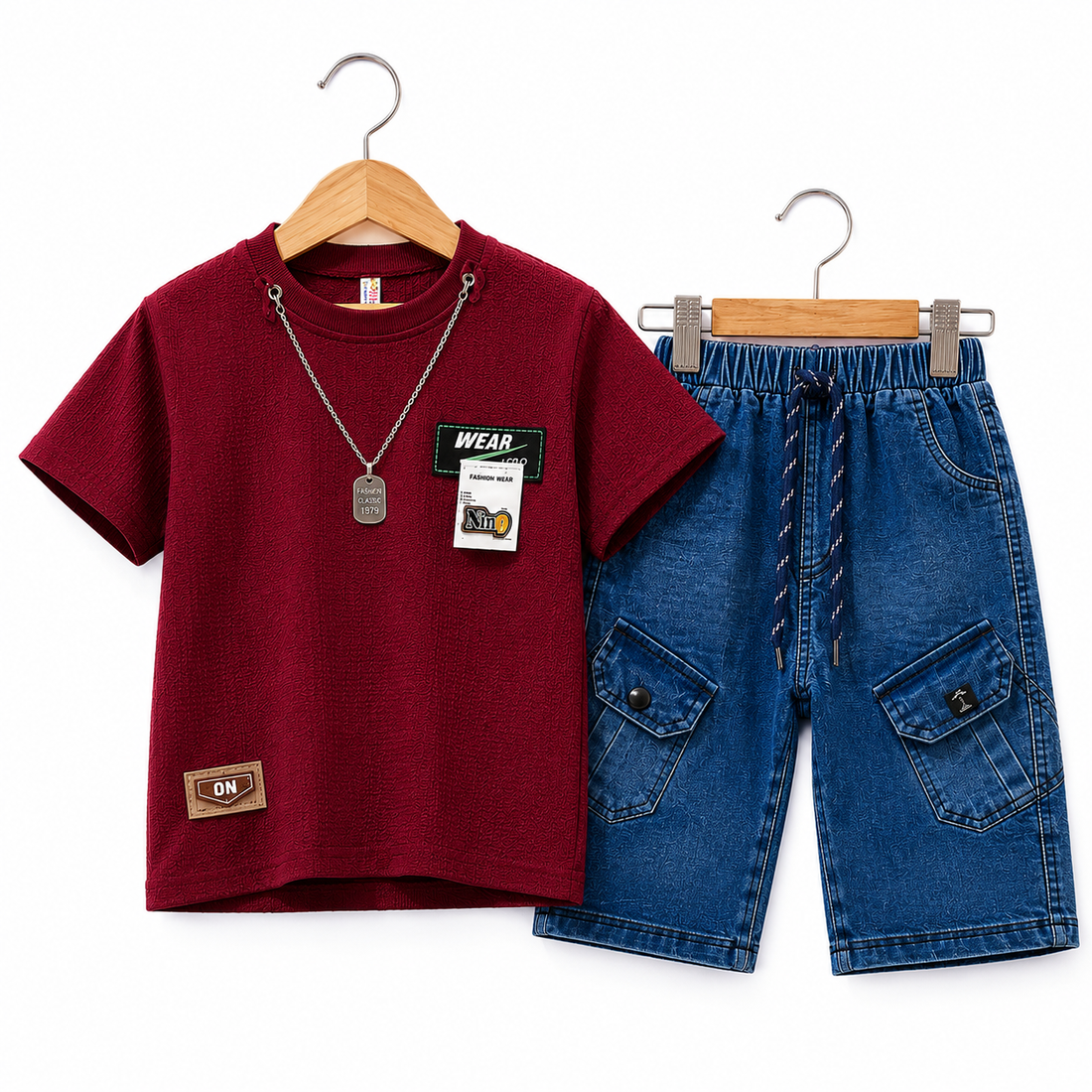 Boys Maroon T-Shirt & Denim Cargo Shorts Set (4–7 Years) | Summer Co-Ord Outfit